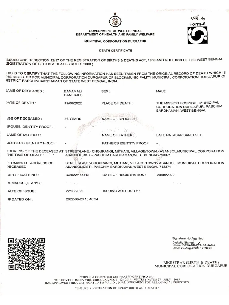 Death Certificate Registration Assistance in West Bengal